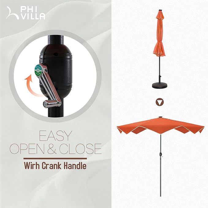 PHI VILLA 9ft Patio Umbrellas with 24 pcs LED Solar Lights, Outdoor Market Table Lighted Umbrella with 8 Steel Ribs, Tilt for UV-Resistant, Lotus Leaf Shape Canopy, Orange