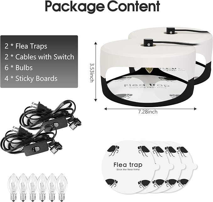 2 Pack Flea Traps for Inside Your Home, Indoor Flea Light Bed Bug Killer with 6 Light Bulb & 4 Sticky Pads Refills & Switch, Odorless Natural Insect Trap for Kid Pet, Safer Than Sprays & Powders