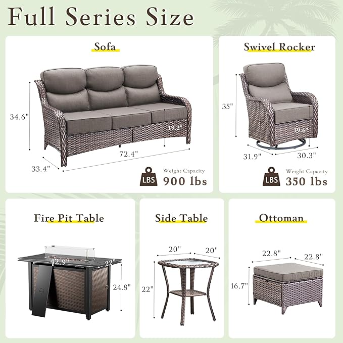 Luxury High Back Outdoor Furniture with 6-inch Extra Thick Cushions, Patio Furniture Set with Fire Pit Table & Swivel Chairs, 7 PCS Wicker Conversation Set for Patio, Yard, Deck, Poolside, Brown/Grey