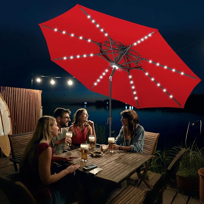 FLAME&SHADE 9 ft Double Top Solar Patio Outdoor Umbrella with 40 LED Lighted and Tilt, Market Table Umbrella for Pool, Porch, Garden, Deck, Yard Red