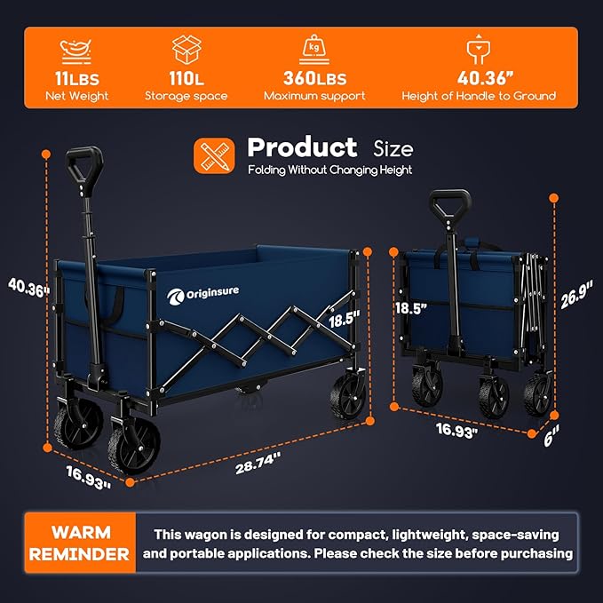 Collapsible Wagon Cart Foldable - Lightweight Portable Heavy Duty Folding Beach Wagons with Wheels - Outdoor Utility Carts for Grocery, Camping, Shopping, Sports with Large Capacity - Blue