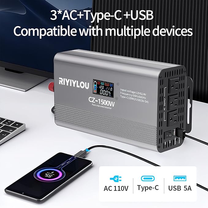 1500W Pure Sine Wave Inverter (3000W Peak), 12V/24V Auto-Detect, 50Hz/60Hz Switchable, LCD Display, Type-C Fast Charging, Silent Design, Overload & Overheat Protection for RV, Home (1500W)