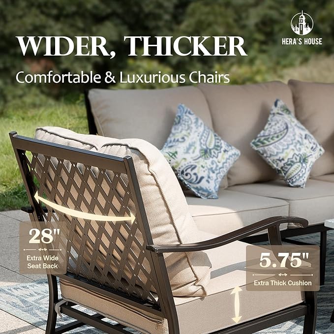 HERA'S HOUSE 5 Pieces Patio Furniture Set with Fire Pit Table, 4 x Thick Cushioned Rocking Chairs, 1 x 28 Fire Pit Table (50,000 BTU), Outdoor Conversation Set for Garden Backyard Lawn Deck