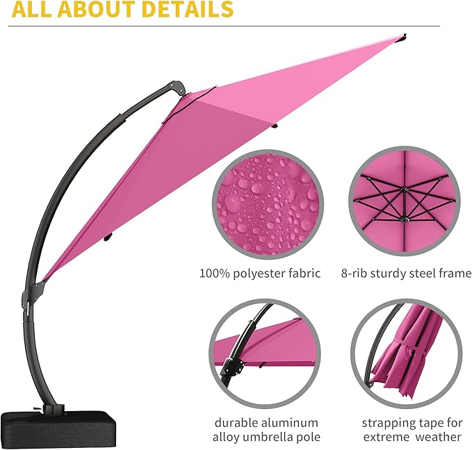 Kingdura 11ft Cantilever Patio Umbrella with Base Included, Large Round Offset Outdoor Pool Umbrella, 360° Rotation & Infinite Tilt, Heavy Duty Aluminum Frame for Deck Backyard, Rose Pink