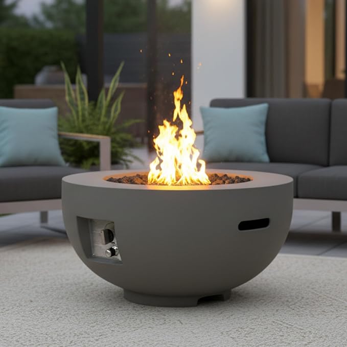 28-inch Outdoor Round Fire Pit Table,40,000 BTU Fire Pit Bowl, Light Concrete Propane Fire Pit with Free Lava Rocks, Rain Cover and Burner Lid, for Outside Patio, Garden, Deck, Light Grey