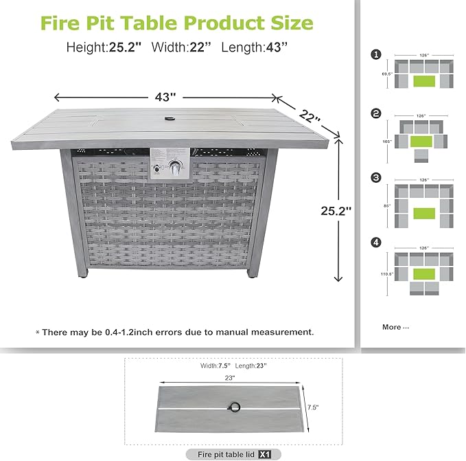 30" Round Propane Fire Pit Table - 50K BTU with Lid, Rocks Tank Storage and Cover - Round Gas Fire Pits for Outside Patio - Outdoor Table with Firepit (Grey, 43" Rectangular)