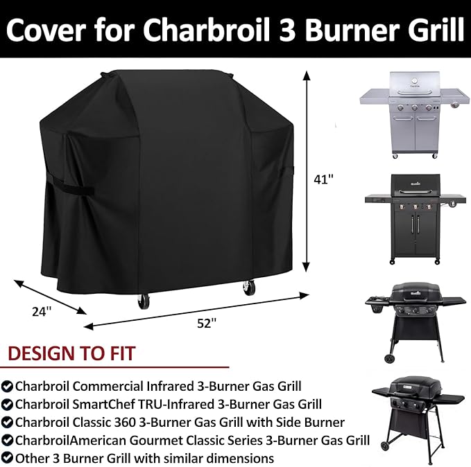 Grill Cover for Charbroil 3 Burner Gas Grill, 52 inch for Charbroil 2-3 Burner Grills - 600D Premium Outdoor Cover, Waterproof & Heavy Duty BBQ Outdoor Protector, 52" x 24" x 41"