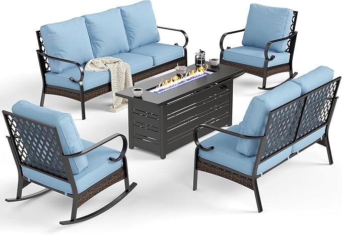 SUNSHINE VALLEY 5 Piece Metal Outdoor Patio Furniture Set with Firepit Table, Patio Conversation Set 1 3-Seater Sofa, 2-Seater Loveseat, 2 Rocking Chairs with 5.75" Cushion for Backyard Deck, Blue