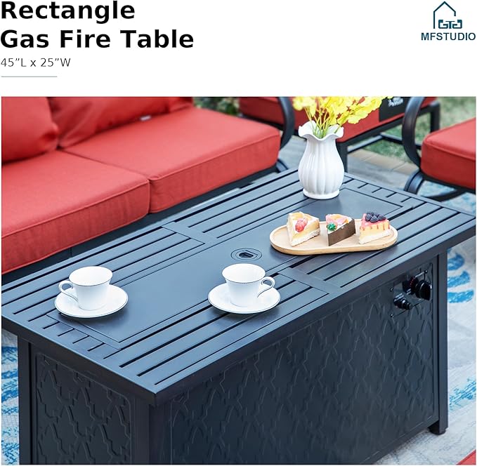 MFSTUDIO 8 Pieces Patio Furniture Sets with 45" Gas Fire Pit Table(Up to 9 Seat),Outdoor Metal Conversation Sofas with 1 x 3-Seat Sofa, 2 Single Chairs,2 Swivel Chairs and 2 Ottoman,Red Cushion