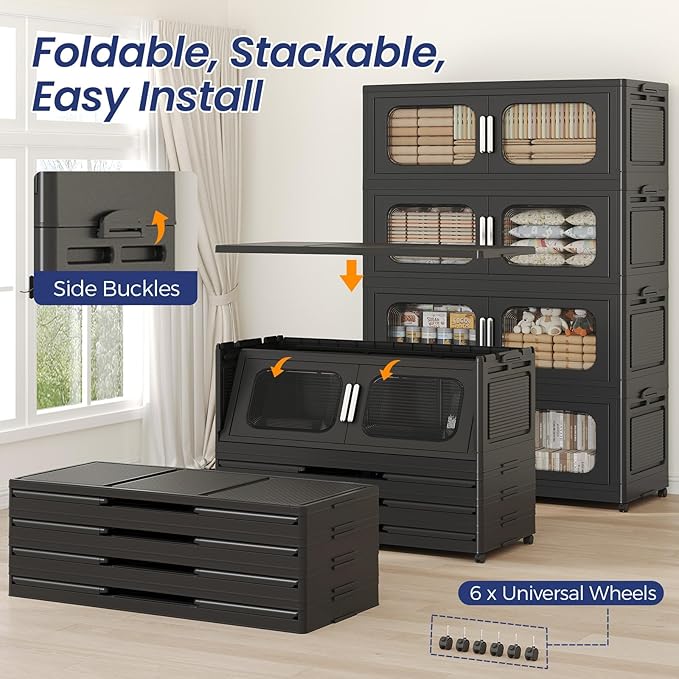 150Gal Exra Large Stackable Storage Bins with Lid, 600QT Collapsible Storage Box with 6x Wheels, Folding Plastic Cabinet Container with Door Drawer for Home Kitchen Office Dorm, 3Pack Black
