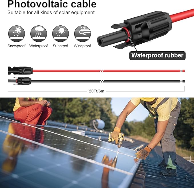 iGreely 20 Feet 12AWG Solar Extension Cable with Solar Panel Female and Male Connector Solar Panel Adapter 12 Gauge (20FT Red + 20FT Black)