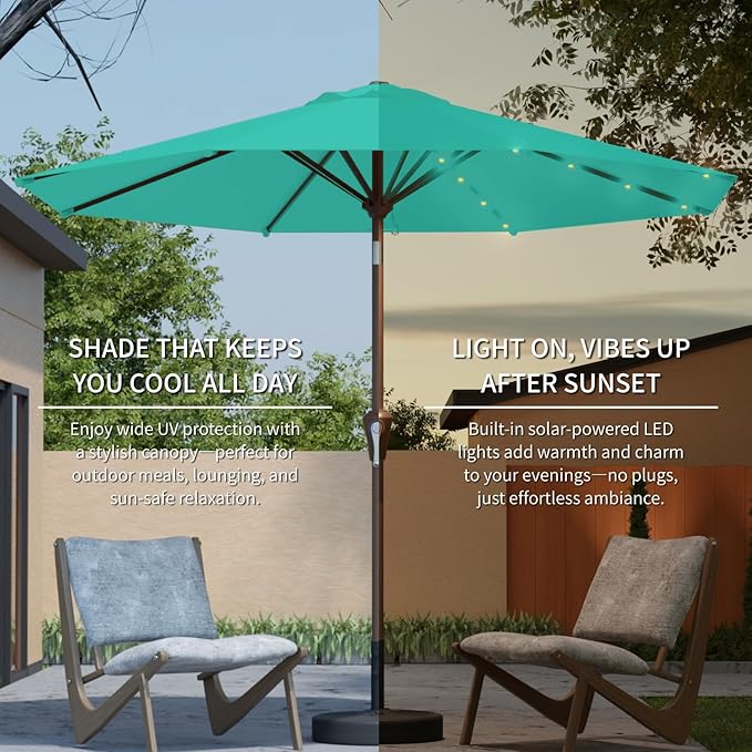 9FT Solar Umbrella 32 LED Lighted Patio Umbrella Table Market Umbrella w/Tilt and Crank, UV-Resistant Outdoor Umbrella for Pool, Garden, Deck, Turquoise Blue