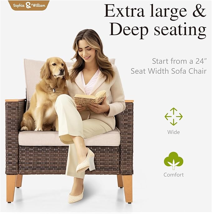 Sophia & William Outdoor Patio Furniture Set High Back Wicker Sofa All-Weather Patio Conversation Set Couch with Clips & 4" Thick Cushions Deck Porch Furniture, Beige