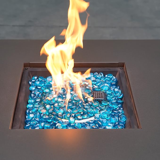 onlyfire 10 Pounds Fire Glass Beads for Propane Fire Pit, 1/2 Inch Reflective Firepit Glass Rocks Flat Marbles for Gas Fireplace and Fire Pit Table, High Luster Caribbean Blue