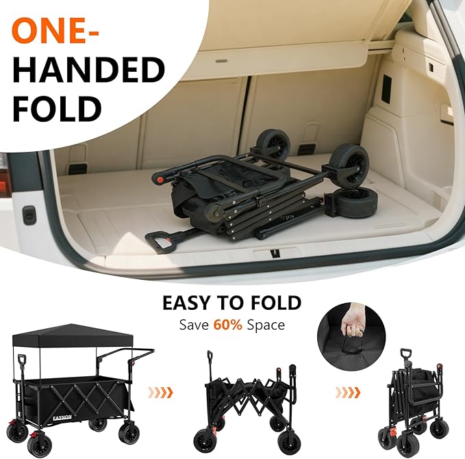 3 in 1 Collapsible Wagon with 300lbs Weight Capacity,150L Heavy Duty Utility Cart with Removable Canopy,with Big All-Terrain Beach Wheels & Drink Holders,Black
