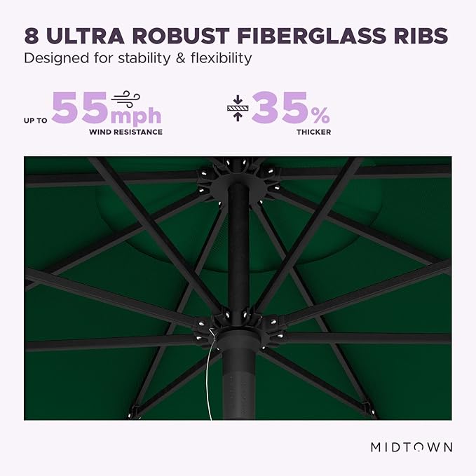 Midtown Umbrellas Push Pop Sunbrella Umbrella 9 Feet Outdoor Umbrella in Forest Green Fabric - Patio Umbrella, Backyard Umbrella, Garden Umbrella, Picnic Table Umbrella & Pool Umbrella - Black Pole