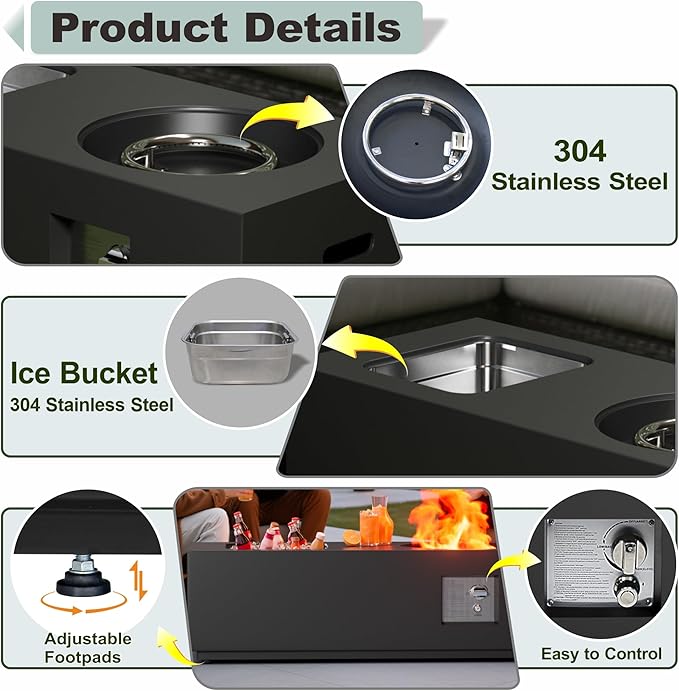 Dineli 2-Piece Outdoor Propane Fire Pit Table Set w Tank Table 48'' Rectangular Firepit w Ice Bucket Gas Fire Pits for Outside Patio Tabletop Fire Pits, 50,000 BTU, Black