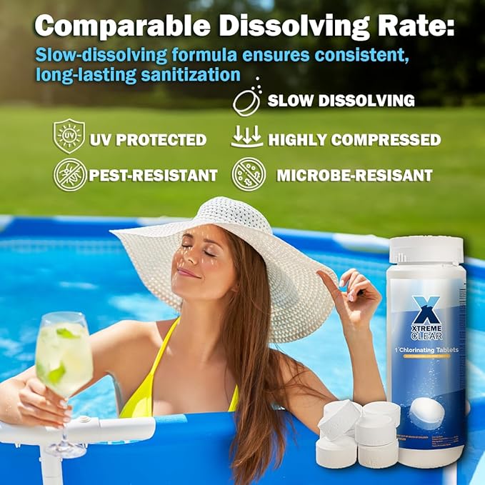 XtremepowerUS XtremeClear SuperDeal 9 Pack 1.5lbs Bottle 1" Chlorine Tablets Bottle 1.5 lbs Chlorinating Tabs for Swimming Pools, Spa, Hot Tubs, Small Pool, Slow Dissolving, 9 Pack