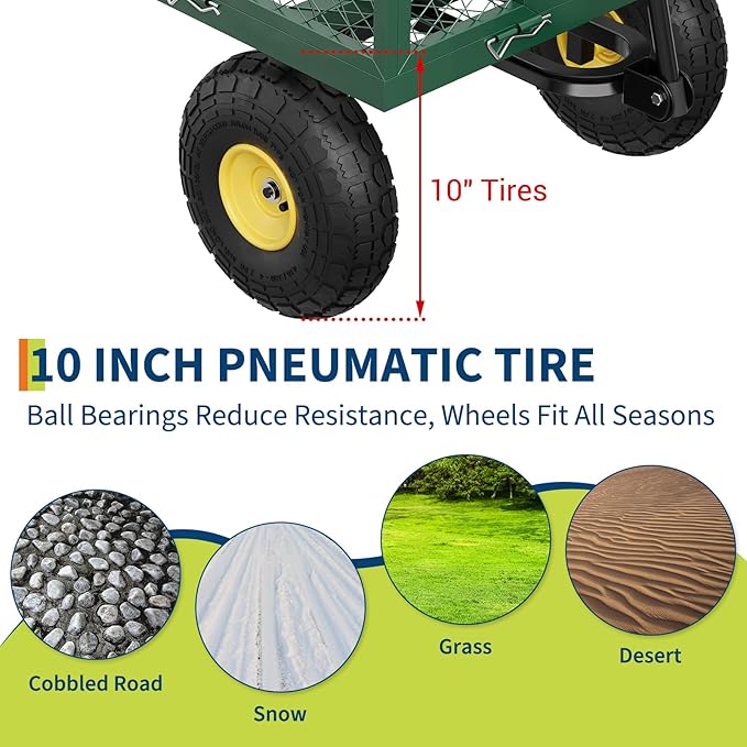 900 LBS Garden Cart with Removable Mesh Sides, Heavy Duty Steel Garden Wagon with Adjustable Handles & 10" Pneumatic Tires, Utility Wagon for Lawn Camping Farm Yard, Green+Black