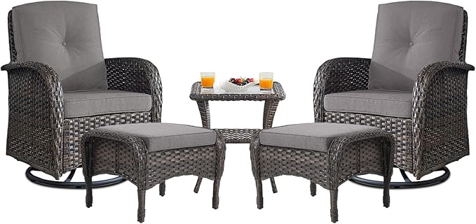 Belord Small Conversation Sets Patio Funiture - 5 Piece Outdoor Swivel Rocker Wicker Furniture Sets with Ottomans Side Table Perfect for Patio Deck Backyard, Brown Wicker Grey Cushion
