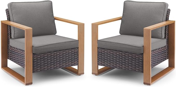 Belord Patio Wicker Chairs Set of 2-350 LBS Weight Capacity Wicker Outdoor Club Chair Set with Metal Wide Armrests for Porch Deck Sunroom Backyard