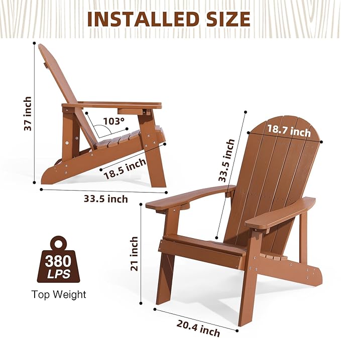 Adirondack Chairs Set of 2, All Weather Resistant Plastic Chairs with Cup Holder, 5 Easy Steps to Install, Outdoor Chairs for Patio, Garden, Backyard Deck, Lawn, Fire Pit - Teak