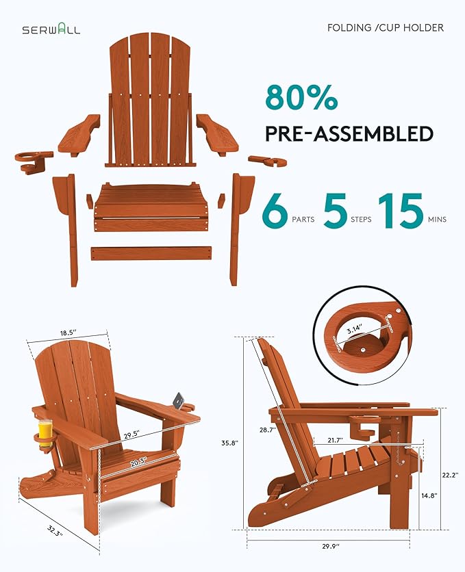 SERWALL Adirondack Chair with Cup Holders - Composite Adirondack Chairs Set of 8 HDPE Outdoor Chairs All Weather Use- Orange