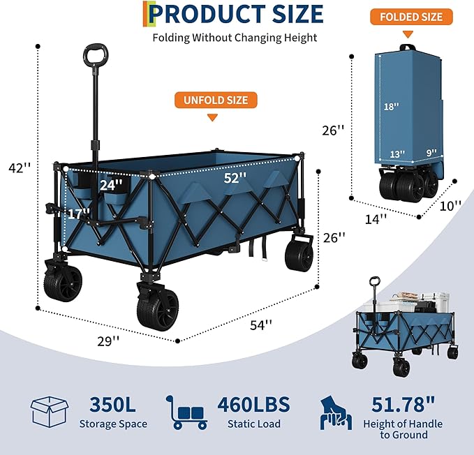52" Foldable Wagon for Beach with 460lbs Weight Capacity, Heavy Duty 350L Extra Large Collapsible Foldable Wagon for Camping, All Terrain Beach Wagons Extended with Cup Holders for Sand