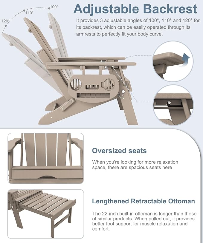 Adjustable Adirondack Chair with Retractable Ottoman Set of 8, HDPE Folding Adirondack Chair with Cup Holder, All Weather Fire Pit Chair for Outdoor.