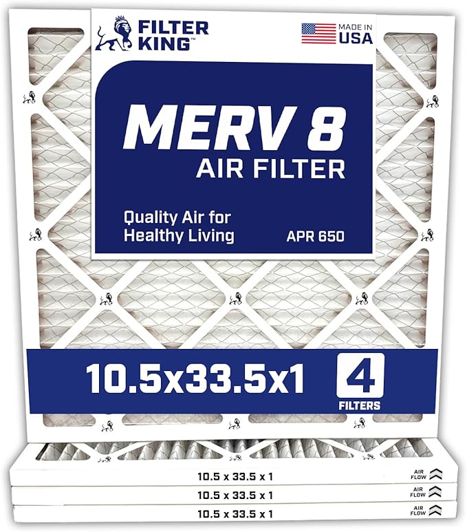 Filter King 10.5x33.5x1 Air Filter | 4-PACK | MERV 8 HVAC Pleated A/C Furnace Filters | MADE IN USA | Actual Size: 10.5 x 33.5 x .75"
