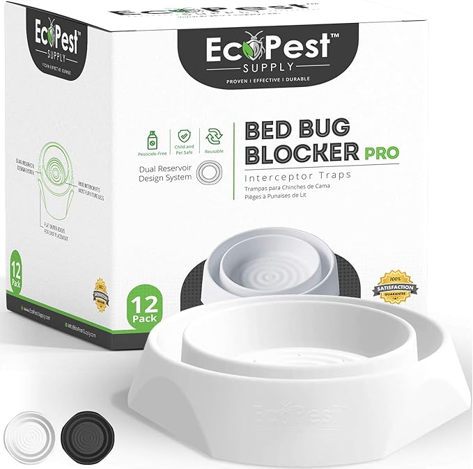 Bed Bug Interceptors – 12 Pack | Bed Bug Blocker (Pro) Interceptor Traps | Insect Trap, Monitor, and Detector for Bed Legs (White)