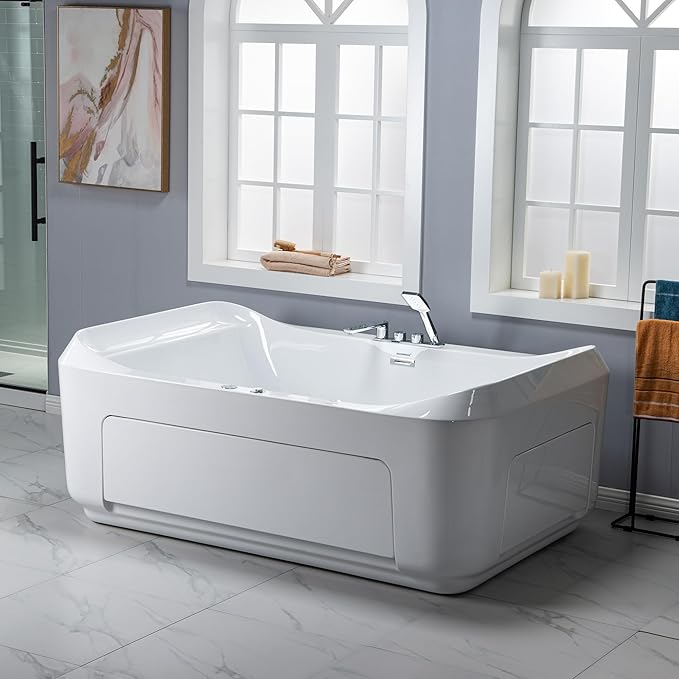 WOODBRIDGE 70-7/8"L x 47-1/4"W 2 Person Freestanding Hydrotherapy Whirlpool and Air Bath Heated Soaking Combination Massage Tub with Adjustable Speed Air Blower and Display Control Panel, B0091
