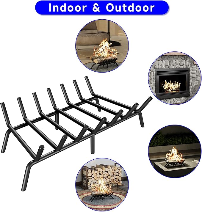 Fireplace Grate 17 Inch, Firewood Log Holder Rack, Heavy Duty Fire Wood Stove Grates for Indoor Outdoor Camping Chimney Hearth Burning Fireplace Accessories Tools