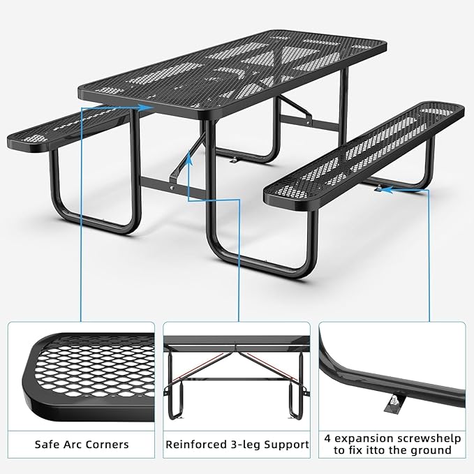 dafrigic 72" All Weather Resistant Commercial Picnic Table for Outdoors, Heavy Duty Picnic Table up to 2800 lbs with Expanded Metal for School, Warehouse, Coffee Shop, Black