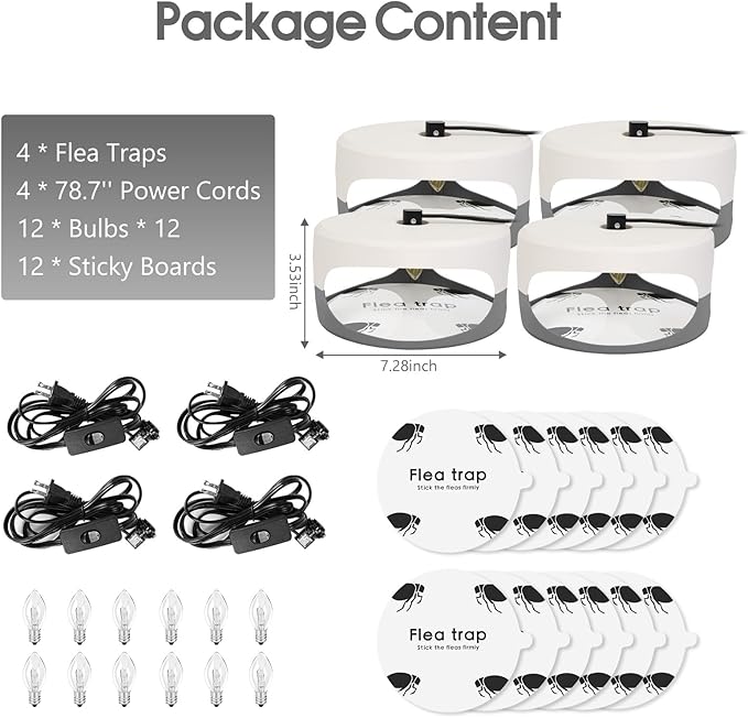 4 Pack Flea Traps for Inside Your Home, Original Indoor Flea Light Bed Bug Killer w/ 12 Sticky Pads & 12 Light Bulb Refills Replacement, Odorless Insect Infestation Treatment Trap Lamp for Kid Pet