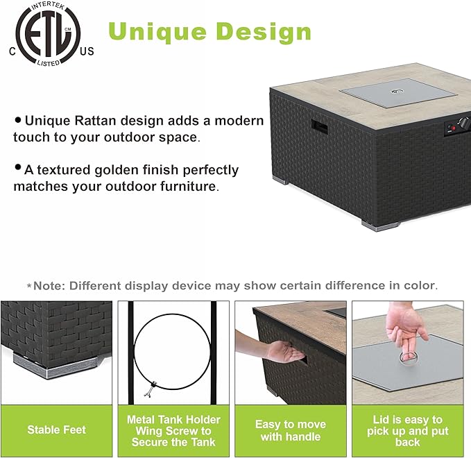 Dineli 31.5 Inch Propane Fire Pit Table Square Gas Fire Pits for Outside Patio Fire Pits & Outdoor Fireplaces 2-in-1 Fire Pit Table with Lid for Camping Backyard Garden, 40,000 BTU, Waterproof