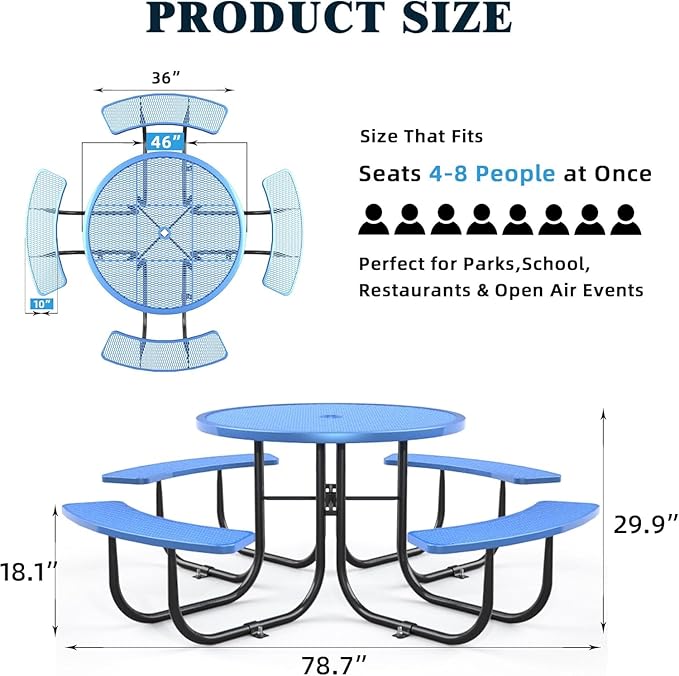 dafrigic 46" Round All Weather Resistant Commercial Picnic Table for Outdoors, Heavy Duty Picnic Table up to 4600 lbs with Umbrella Hole for School, Warehouse, Coffee Shop, Blue