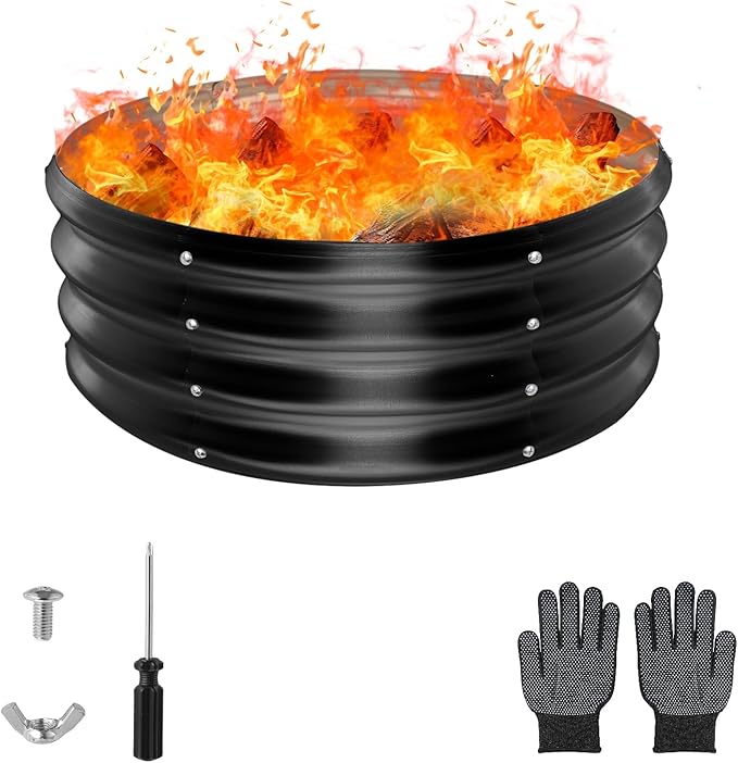 24 Inch Round Galvanized Fire Pit Ring, Round Galvanized Fire Ring, 2 Feet Diameter Round fire Pit, Outdoor fire Pit for Backyard, Camping, Bonfire, Black