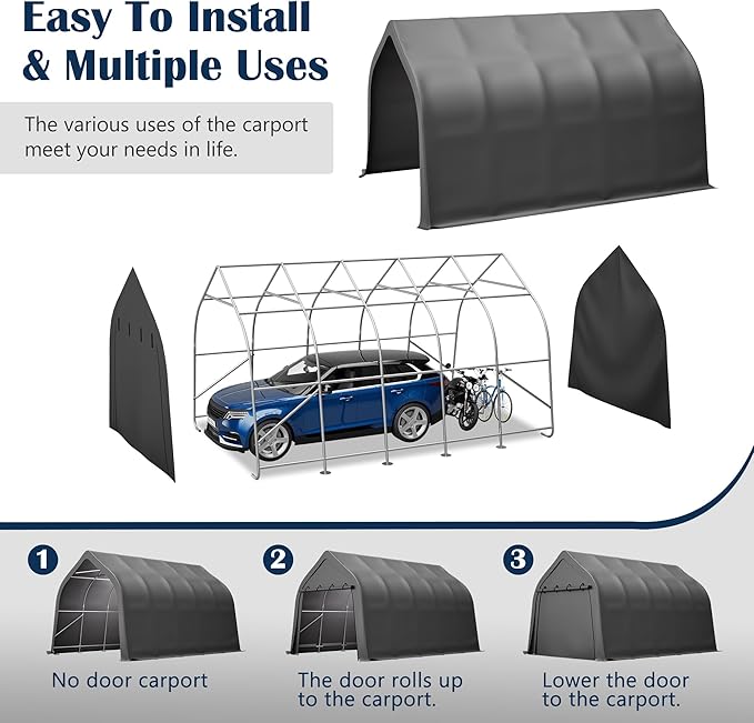 Anti-Snow 13x20 FT Carport,Grade Heavy Duty Portable Garage Canopy with Steel Frame & Vented Roof,Waterproof Outdoor Storage Shed W/Removable Double-Zipper Doors,for Vehicle, Boat,RV,Grey