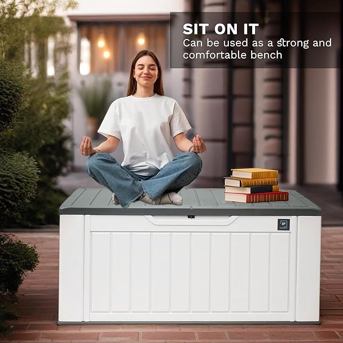 230 Gallon Large Deck Box, Durable Waterproof Resin Deck Box for Patio Furniture, Garden Tools, Pool Storage (White, 150Gallon)