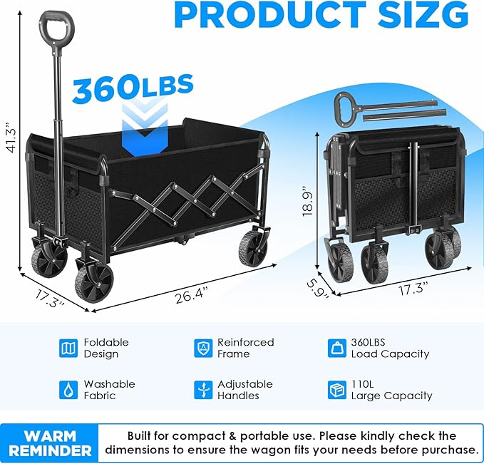 Wagons Carts Foldable - Collapsible Wagon Cart with Wheels Foldable - Utility Folding Wagon Cart for Sports Camping Grocery, Black