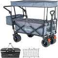 SKYMANOR Collapsible Wagon Folding Garden Cart with Removable Canopy Utility Heavy Duty Wagon Cart with All-Terrain Wheel Storage Brake for Camping Shopping (Upgraded Canopy-Gray Splicing)
