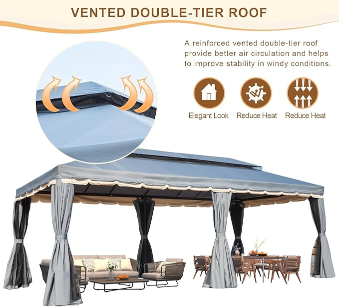 MELLCOM Grey 10x20 Outdoor Patio Canopy Gazebo, Double Roof Patio Pergolas Steel Frame with Netting and Shade Curtains for Garden,Party Canopy