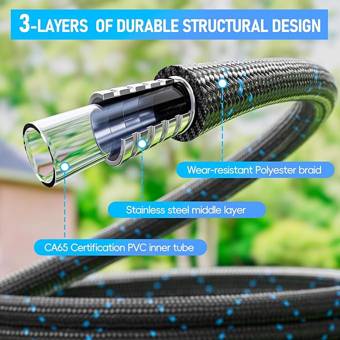 SPECILITE Garden Hose 75ft, 3-Layer Flexible Water Hose with 8 Pattern Spray Nozzle, Non-Expanding & Lightweight Stainless Steel Hose for Yard, Lawn, Outdoor-Leak Proof, No-kink & Tangle-free