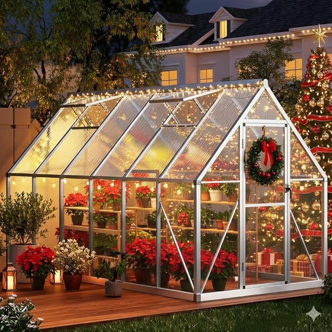 IDEALHOUSE 6x11 FT Greenhouse for Outdoors, Lockable Door and Ajustable Roof Vent, Polycarbonate Greenhouse with Windproof Aluminum Frame, Aluminum Walk-in Greenhouses, for Backyard, Lawn