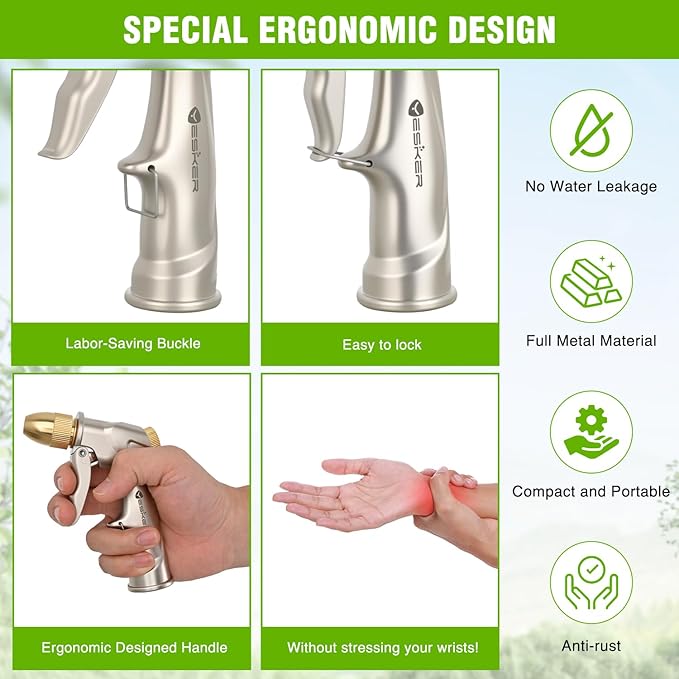 Yesker Garden Hose Nozzle, Water Hose Sprayer Nozzle Adjustable 4 Spray Patterns Heavy Duty Handheld 100% Metal Brass Water Nozzles for Hose Outdoor Watering Plants Lawns Garden Washing Cars Pets Home