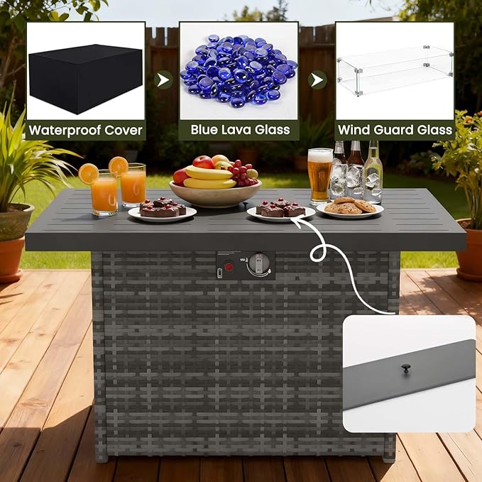 Propane Fire Pit Table, 44" Outdoor Gas Fire Pit with Glass Wind Guard & Waterproof Cover