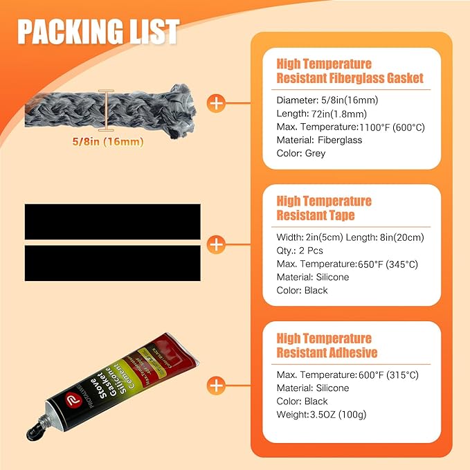 Protalwell Wood Stove Gasket, Wood Stove Door Gasket, 5/8" Wood Stove Gasket Kit, 72" Length, Fireplace Gasket Rope Replacements