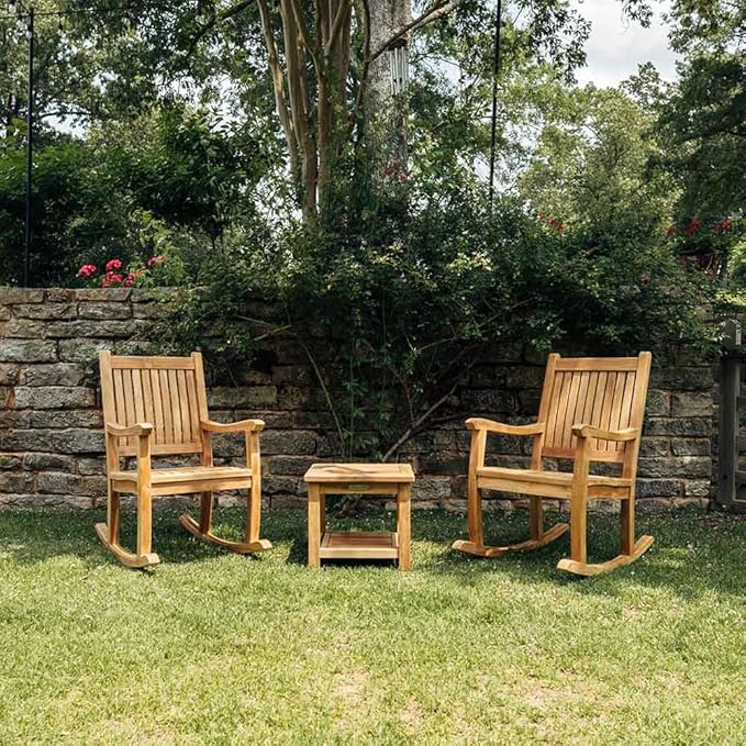TITAN GREAT OUTDOORS Ash & Ember Cascade Grade A Teak Rocking Chair, Weather Resistant Premium Wood Outdoor Furniture Rocking Chair with Intricate Back Support, Armrests, Sloped Runners
