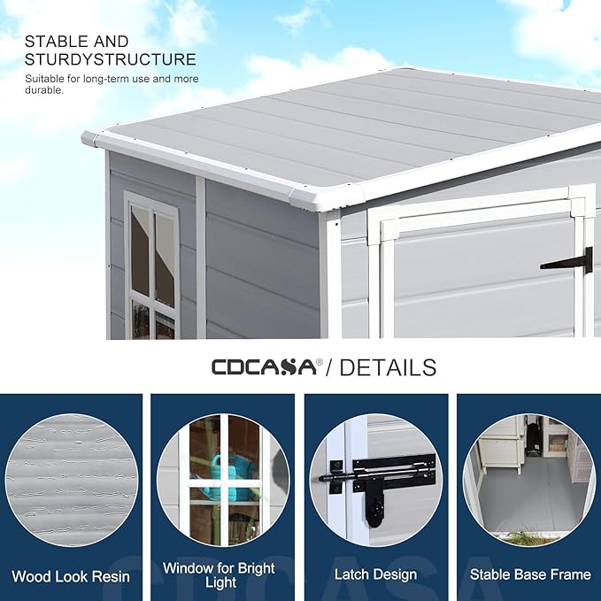 CDCASA 5x4 FT Resin Storage Shed, Waterproof Outdoor Sheds with Floor & Window & Lockable Door Included, Outside Plastic Tool Sheds for Garden, Patio, Backyard, Lawn, Light Gray